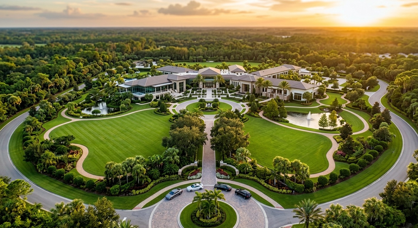Aerial of a manicured Central Florida estate landscape at sunset